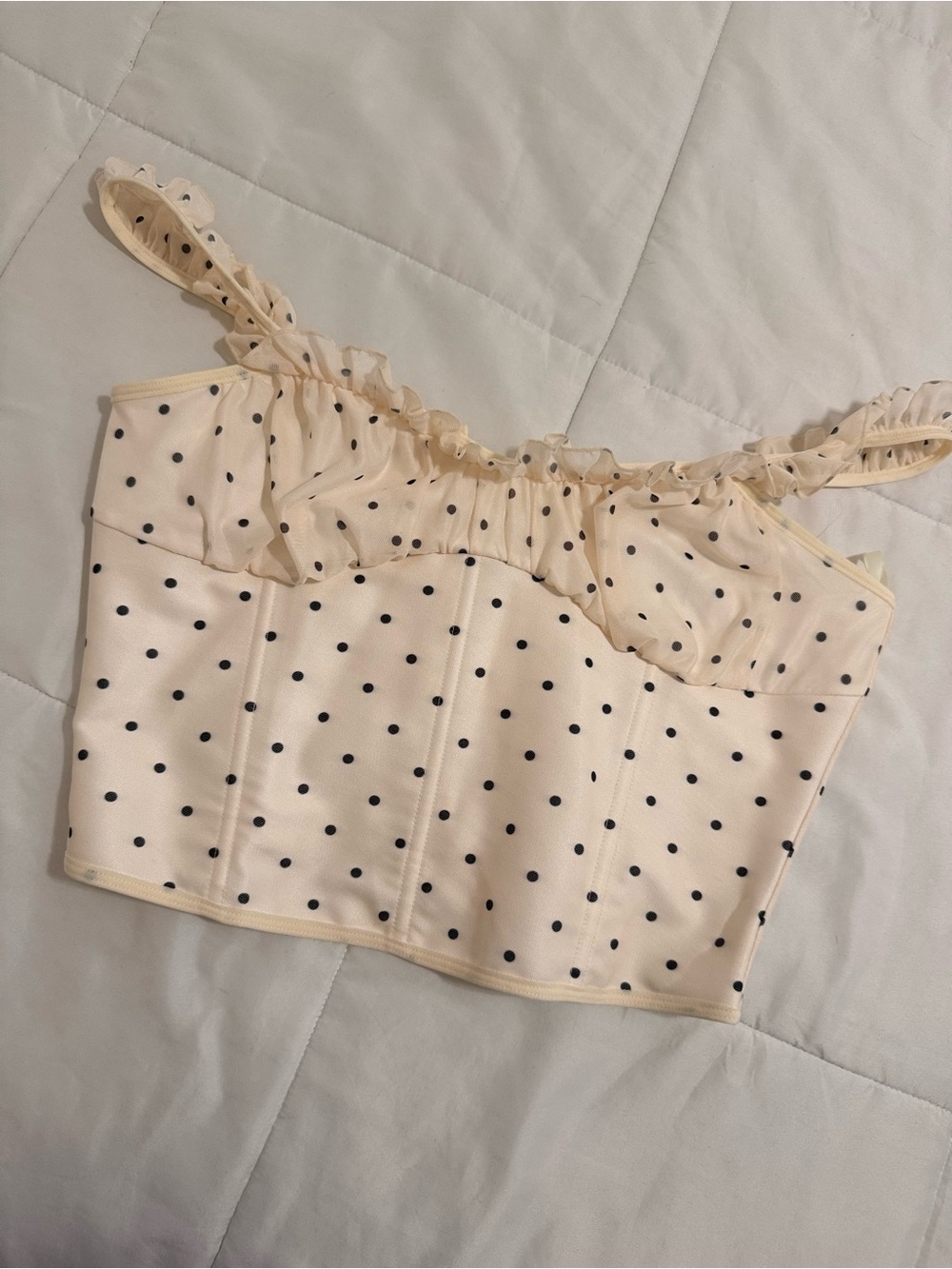 Ruffled Polka Dot Crop Bustier Top - Cream/Black